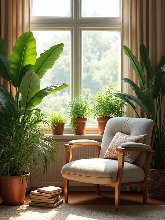 Angolo lettura accogliente arricchito da piante da interno