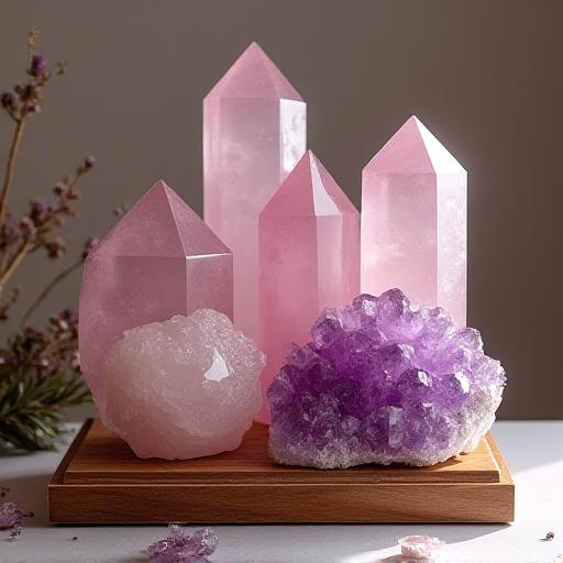 Cristalli di quarzo rosa e ametista su una base di legno